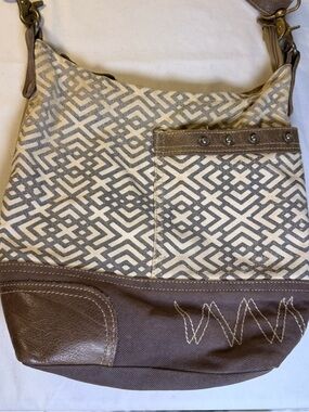 Myra Bag Taupe and Cream Geo-Pattern Shoulder Bag